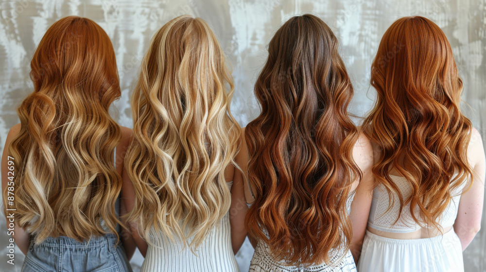 Back view of four women showcasing their long, wavy hair in various shades of blonde, red, and auburn. The image highlights the texture and color variations, set against a rustic wooden background. Back view of four women showcasing their long, wavy hair in various shades of blonde, red, and auburn. The image highlights the texture and color variations, set against a rustic wooden background.