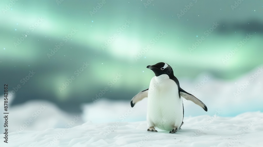 Fototapeta premium Penguin sliding down an ice slope under the aurora borealis, playful, vibrant
