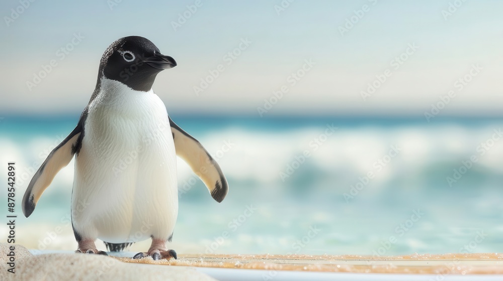 Fototapeta premium Penguin with a surfboard on a tropical beach, unexpected, fun