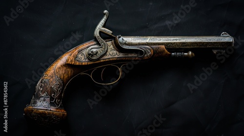 Pirate pistol on a black background, historical photo