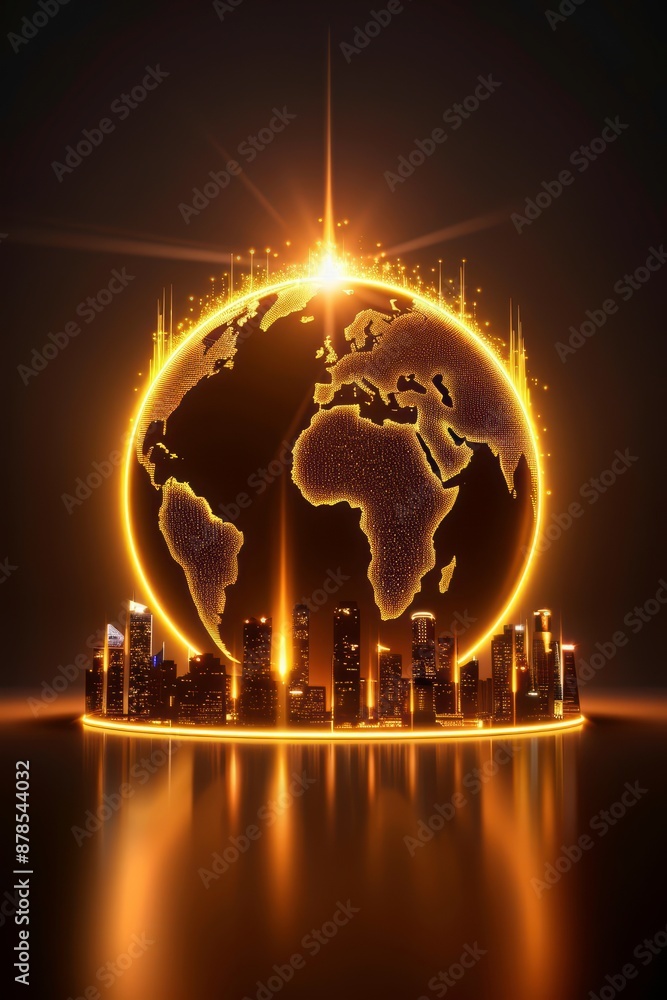 Fototapeta premium Glowing golden globe with connecting city skyscrapers, representing global technology and innovation in a futuristic style.