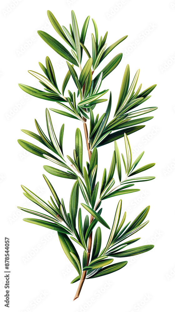 Obraz premium Fresh sprig of rosemary herb isolated on a white background, perfect for culinary use, aromatherapy, or natural health remedies.