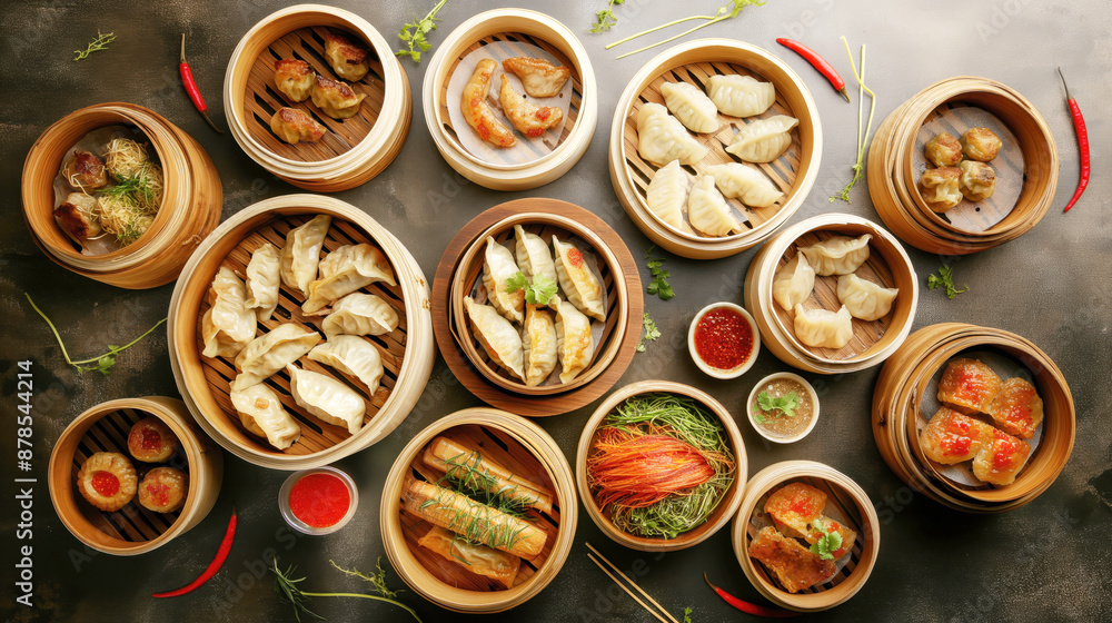 Assorted Asian dumplings served in bamboo steamers, garnished with herbs and sauces Assorted Asian dumplings served in bamboo steamers, garnished with herbs and sauces