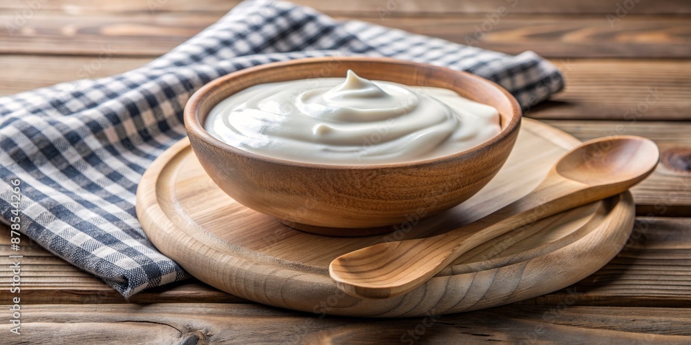Creamy Yogurt in Wooden Bowl on Rustic Table, wooden bowl, yogurt, rustic, kitchen, dairy, healthy, snack, breakfast, food, delicious, smoothie, natural, organic, dessert Creamy Yogurt in Wooden Bowl on Rustic Table, wooden bowl, yogurt, rustic, kitchen, dairy, healthy, snack, breakfast, food, delicious, smoothie, natural, organic, dessert