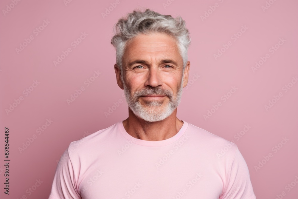 Obraz premium Portrait of a satisfied afro-american man in his 50s showing off a lightweight base layer isolated in pastel or soft colors background
