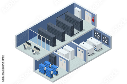 Isometric Network computing technologies. Digital space. Data storage. The data center provides data storage and backup services, guaranteeing security and the possibility of data recovery.