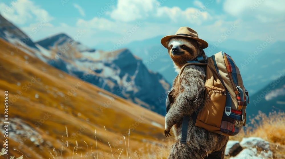 A sloth wearing a backpack and a hat, ready for a hiking adventure in the mountains A sloth wearing a backpack and a hat, ready for a hiking adventure in the mountains