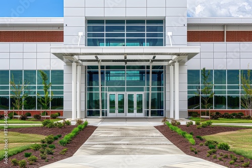 Minimalist image of a school entrance with clean architecture and landscaped grounds.