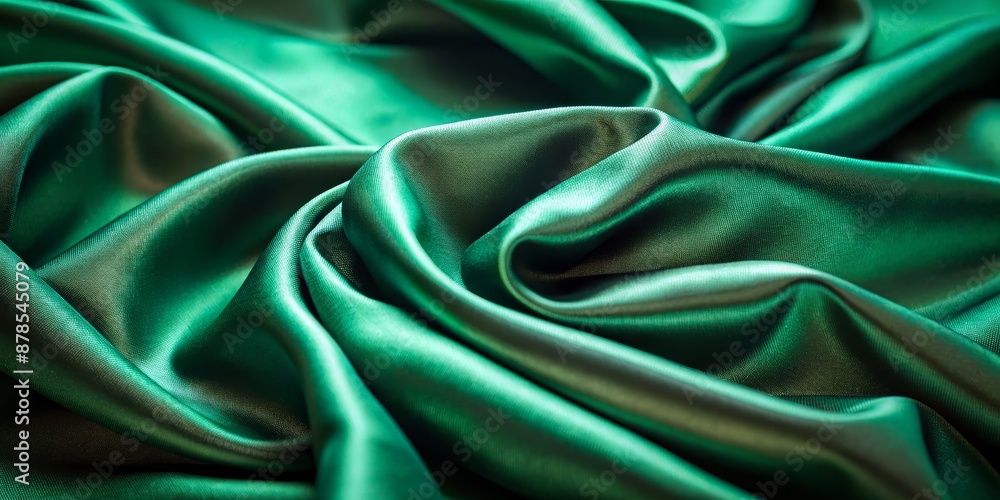 Obraz premium Emerald Green Satin Draped Fabric Close-Up, Fabric Texture, Silk, Green, Satin, Draped