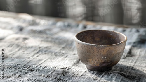 Clay cup with brown enamel on gray tablecloth