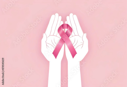 vector illustration of two minimalist hands holding a pink breast cancer ribbon