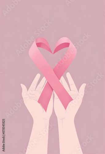 two hands with a pink ribbon tied to them forming a heart shape on pink background