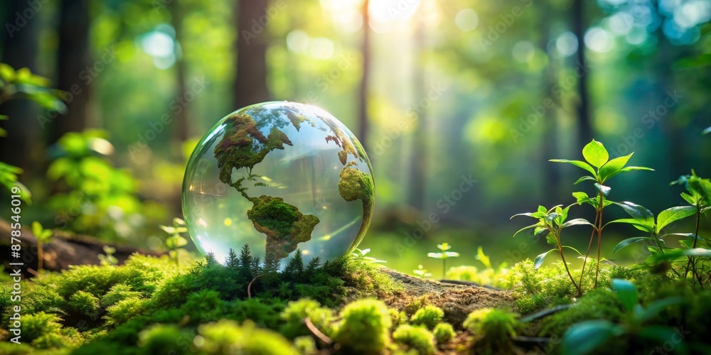 Glass Globe Earth In A Lush Forest, Nature, Environment, Eco, Sustainability, Green Glass Globe Earth In A Lush Forest, Nature, Environment, Eco, Sustainability, Green