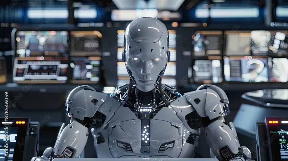 Futuristic Robot in Control Room. Futuristic Robot in Control Room.