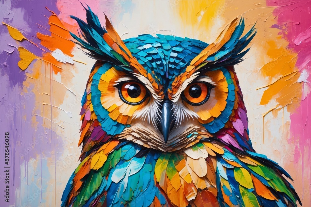 Obraz premium Colorful abstract portrait painting of a woodland forest owl bird animal, nature theme concept texture design. 