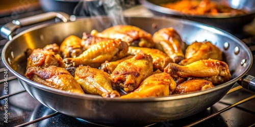 Golden Chicken Legs in a Pan, Steaming, Close Up, Delicious, Food Photography, chicken legs, chicken recipe, cooking, food styling,