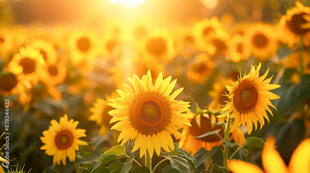 A close-up of sunflowers in a field, their petals illuminated by the golden rays of the setting sun A close-up of sunflowers in a field, their petals illuminated by the golden rays of the setting sun