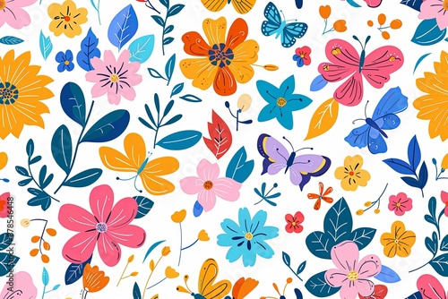 Colorful Floral Pattern with Butterflies.