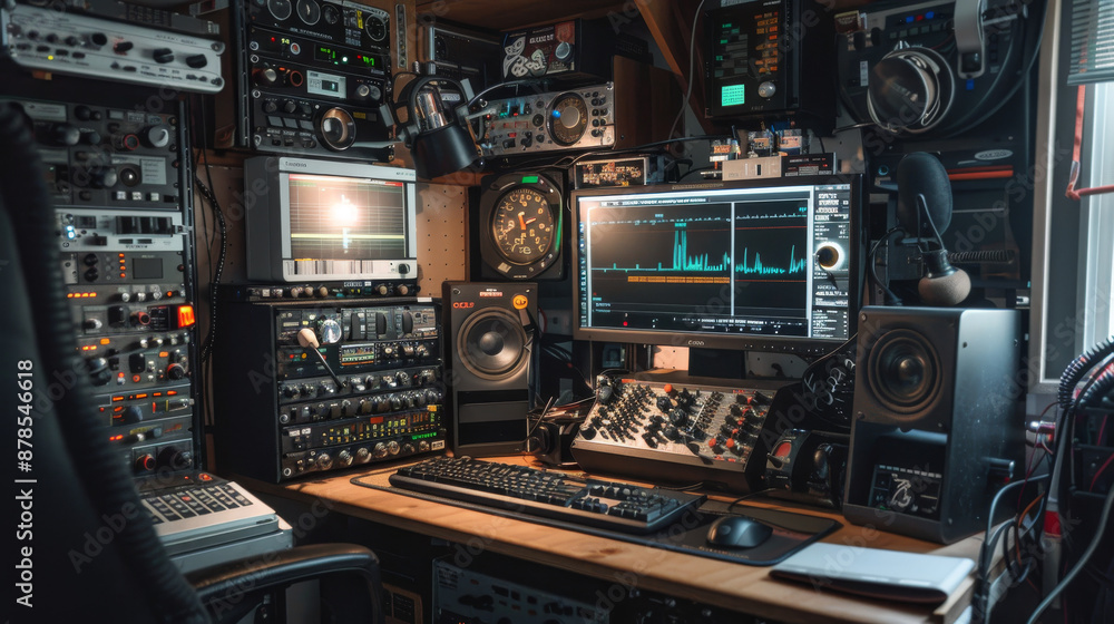 A modern-day ham radio operator's station with contemporary Morse code equipment, including a transceiver, headphones, and a digital interface displaying Morse code signals. A modern-day ham radio operator's station with contemporary Morse code equipment, including a transceiver, headphones, and a digital interface displaying Morse code signals.
