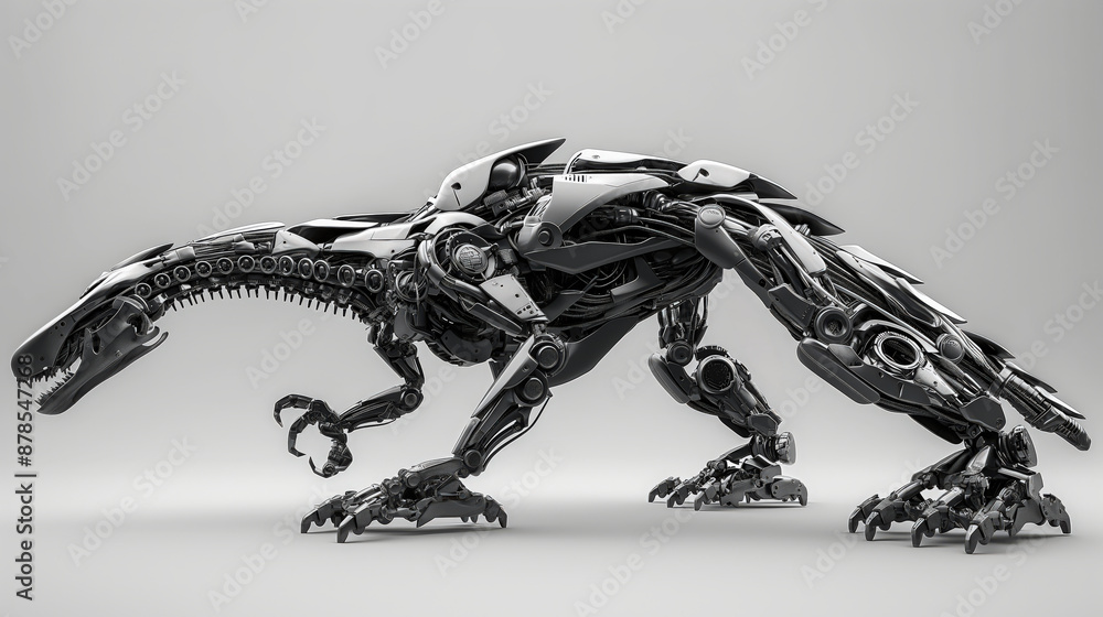 Futuristic robotic dinosaur with metallic armor and gears, resembling a large mechanical raptor Futuristic robotic dinosaur with metallic armor and gears, resembling a large mechanical raptor