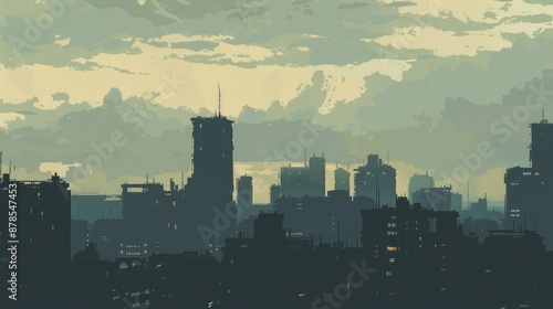 Silhouette of a city skyline at dusk, geometric art style with muted hues