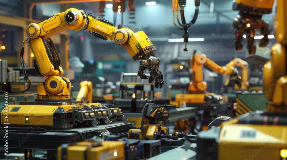 A factory setting with robots performing tasks like assembly, welding, and quality control on a production line, showcasing precision and efficiency. - A factory setting with robots performing tasks like assembly, welding, and quality control on a production line, showcasing precision and efficiency. -