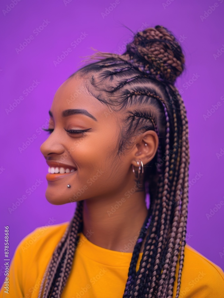 A young woman with long braids smiling directly at the camera, conveying confidence and friendliness A young woman with long braids smiling directly at the camera, conveying confidence and friendliness