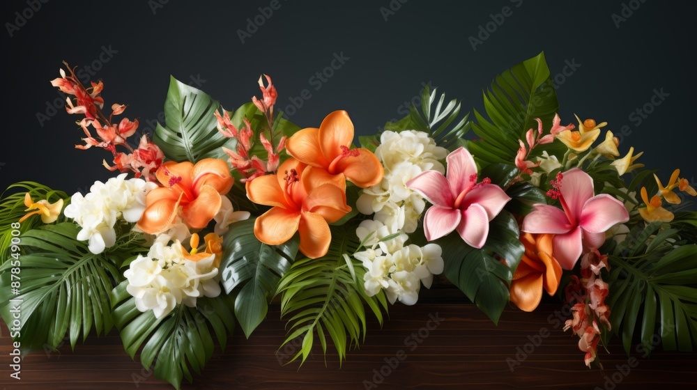 Obraz premium Vibrant Tropical Flower Arrangement on Wooden Table