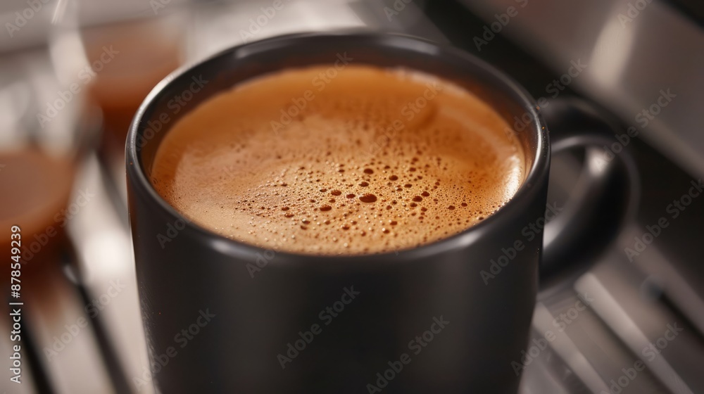 Close-up of a rich and aromatic cup of espresso, with golden crema and bubbles on the surface. Up of Frothy Espresso in Black Mug. Generative AI Close-up of a rich and aromatic cup of espresso, with golden crema and bubbles on the surface. Up of Frothy Espresso in Black Mug. Generative AI