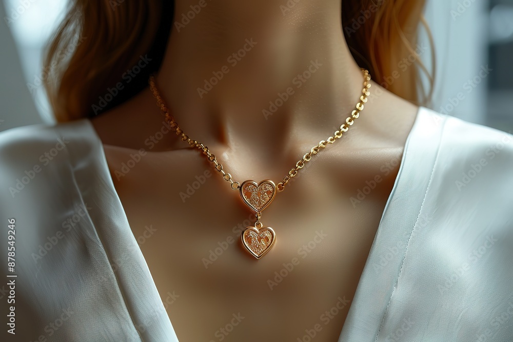 A woman wearing a gold necklace with two hearts on it A woman wearing a gold necklace with two hearts on it