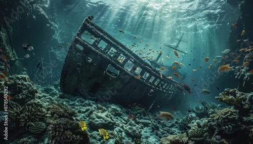 Sunbeams Illuminating a Sunken Ship and Colorful Fish