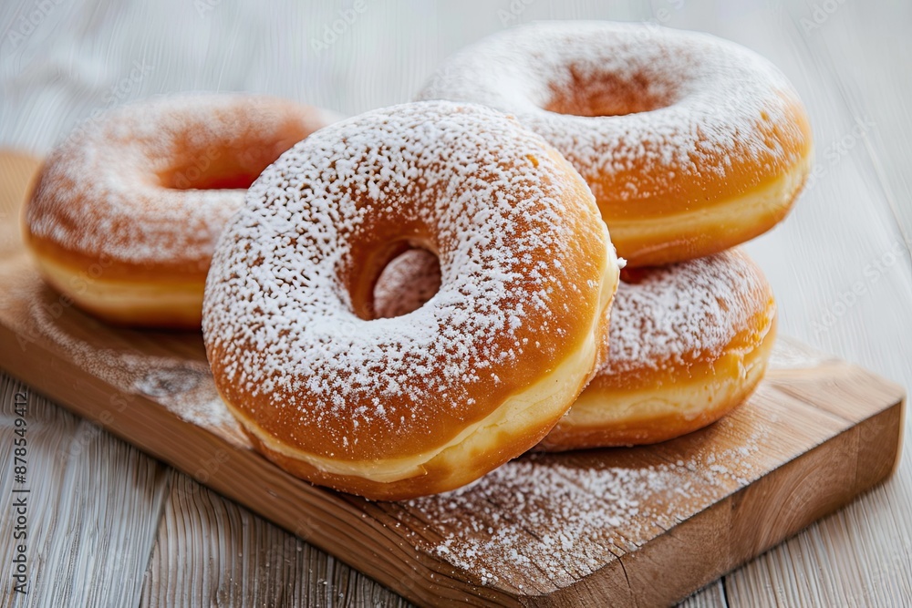 Delicious donuts with powdered sugar on wooden table isolated on white background Delicious donuts with powdered sugar on wooden table isolated on white background