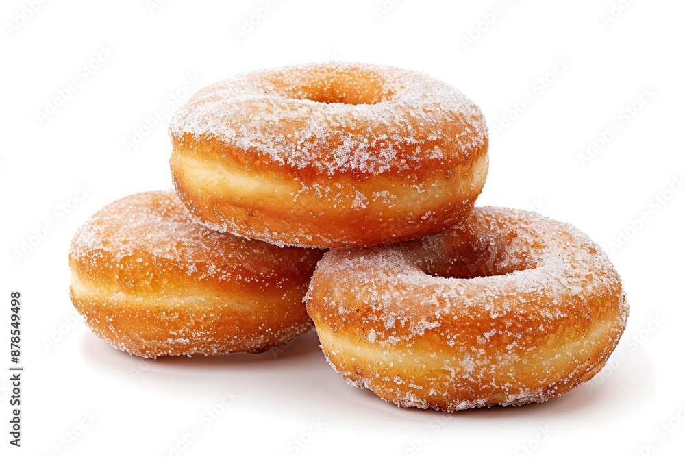 Delicious donuts with powdered sugar on wooden table isolated on white background Delicious donuts with powdered sugar on wooden table isolated on white background