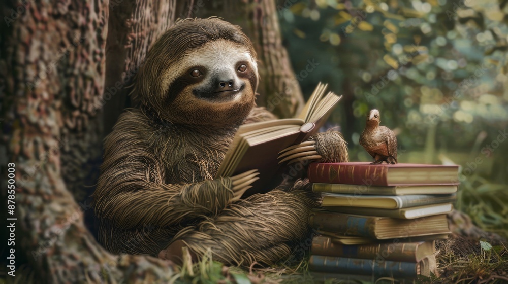 Fototapeta premium A sloth reading a book under a tree, with a stack of books beside it