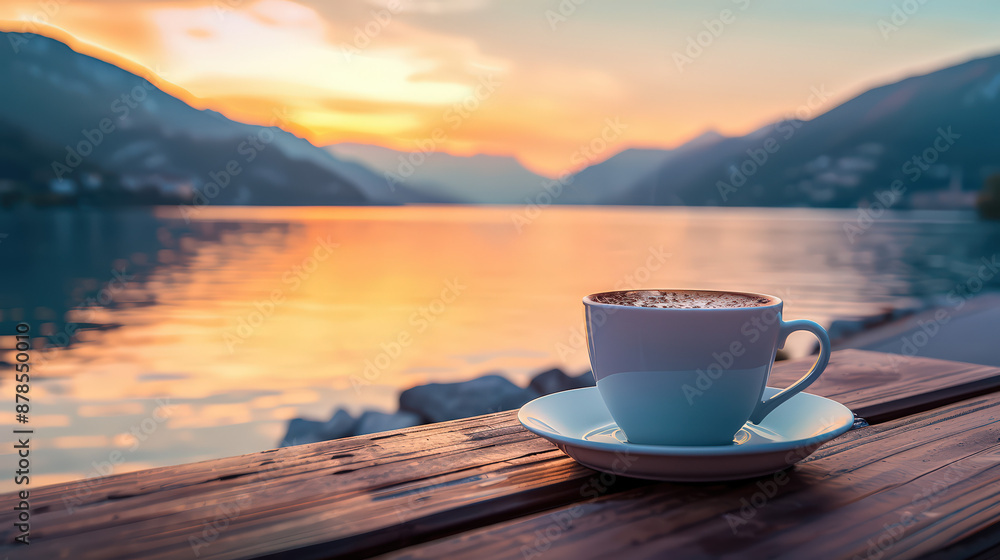 A cup of coffee on the wooden table by the lake with a beautiful sunrise background A cup of coffee on the wooden table by the lake with a beautiful sunrise background