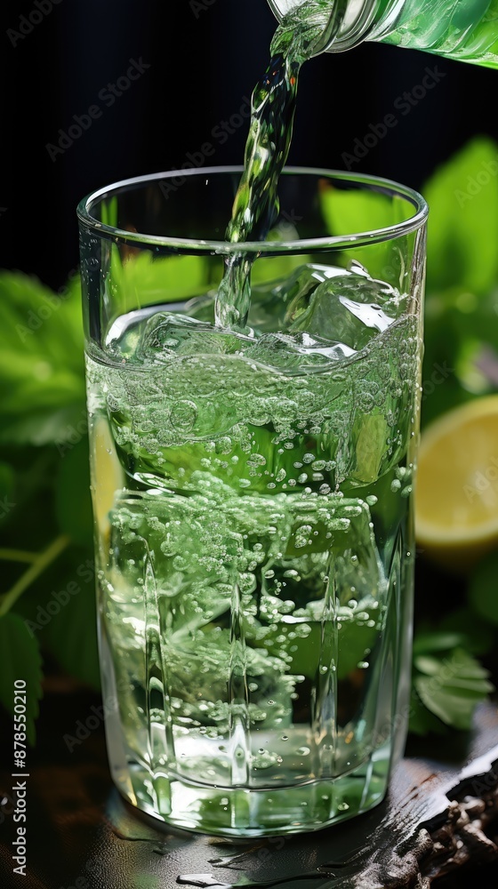 a glass filled with water and lemon on a table. a glass filled with water and lemon on a table.