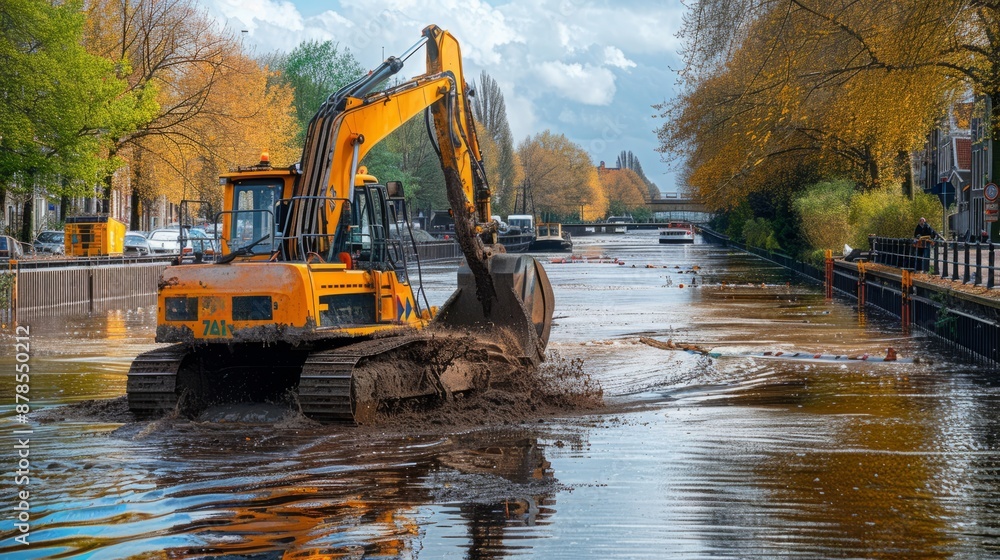 Excavator digging canal in urban area on sunny day Excavator digging canal in urban area on sunny day