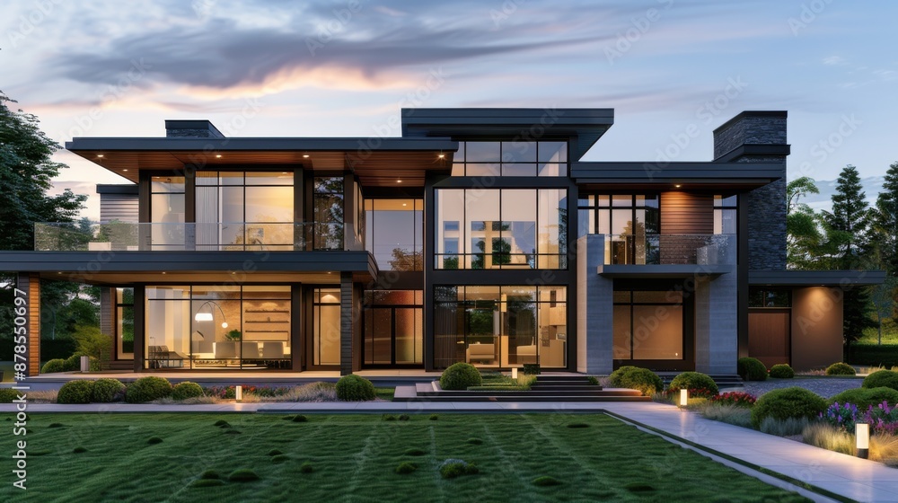 Contemporary house with a unique geometric design, large windows, and modern interior