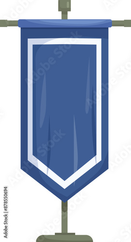 Blue medieval banner hanging on a metal stand
