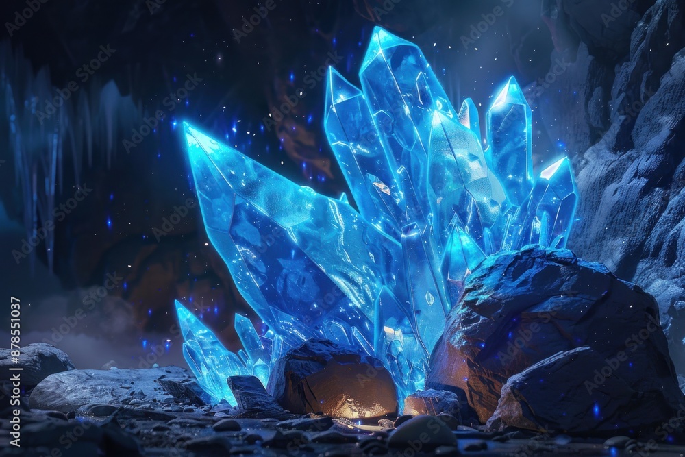 Obraz premium Glowing Blue Crystal in a Cave