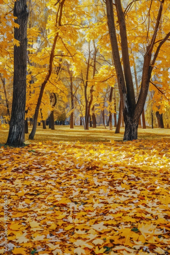 Autumn leaves covering the grass and paths in a park Autumn leaves covering the grass and paths in a park