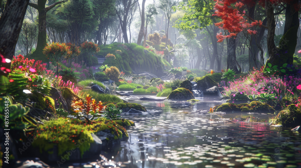 Obraz premium A vibrant ecosystem with elements like trees, shrubs, vines, and a meandering stream or pond. Include details like dew-kissed leaves, moss-covered rocks, and patches of wildflowers. 