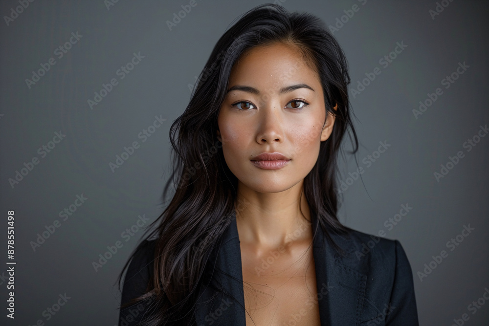 Elegant Asian woman posing in studio with grey background Elegant Asian woman posing in studio with grey background