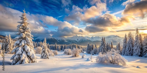 Snow-Covered Mountain Forest with Golden Clouds at Sunset, winter landscape, mountain scenery, snowy forest, sunrise