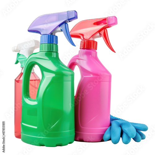 Colorful Cleaning Bottles, Green pink spray bottles with gloves, Household cleaning supplie on a transparent background. photo