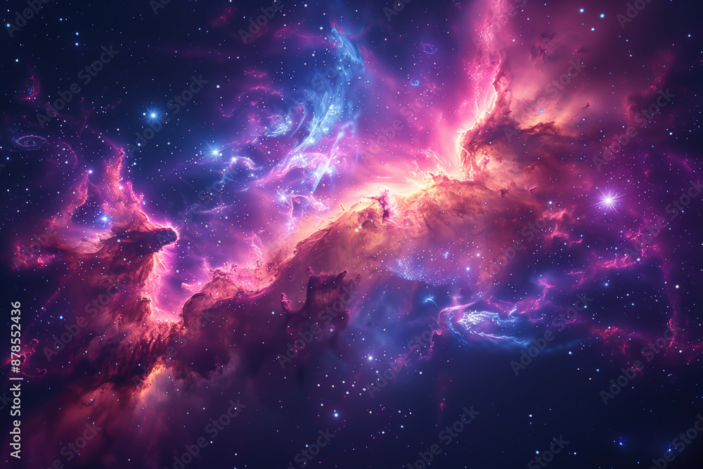 Fototapeta premium A bright nebula in space with pink and purple clouds.