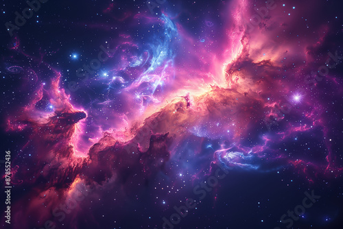 A bright nebula in space with pink and purple clouds.