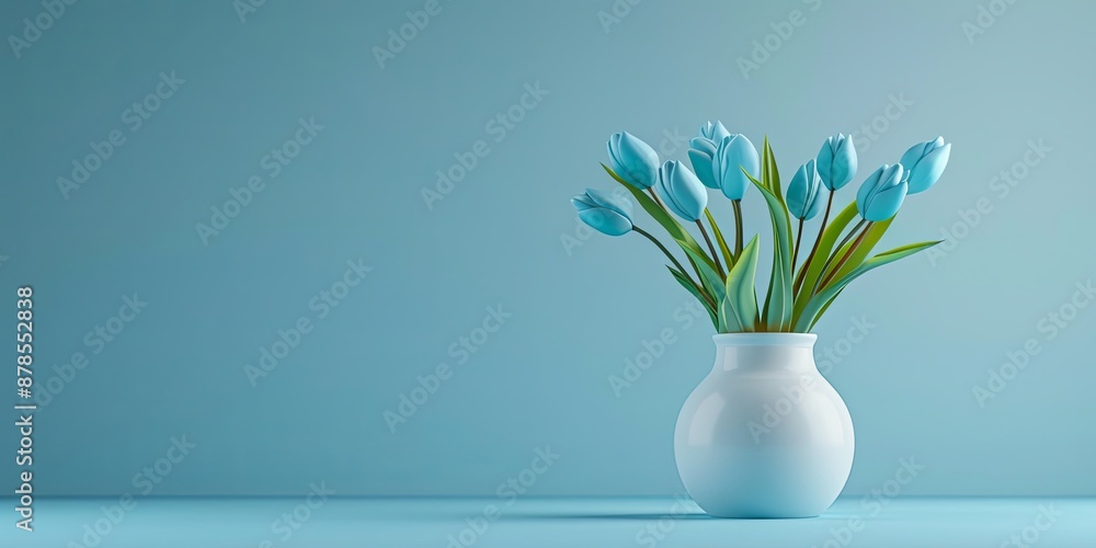 Blue tulips in a white vase on a blue background. Blue tulips in a white vase on a blue background.