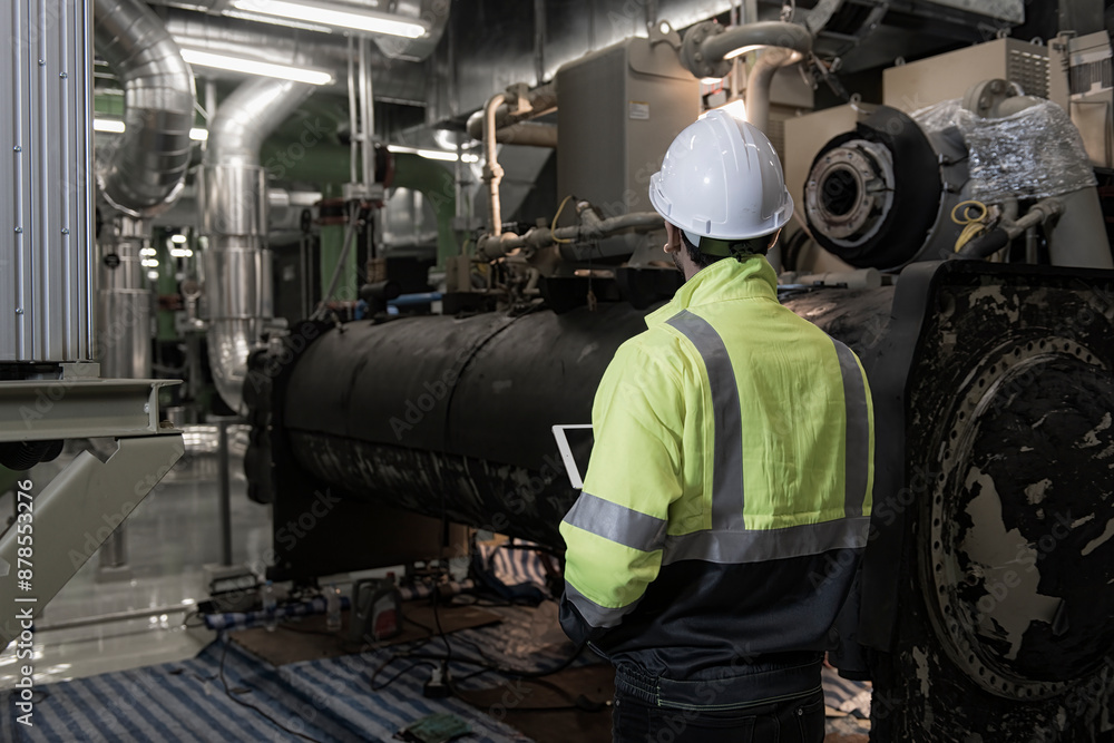 workers in factory. engineer work in Industrial chiller HVAC heating ventilation air conditioning system and pipping line of industrial construction at boiler pump room system in the factory.