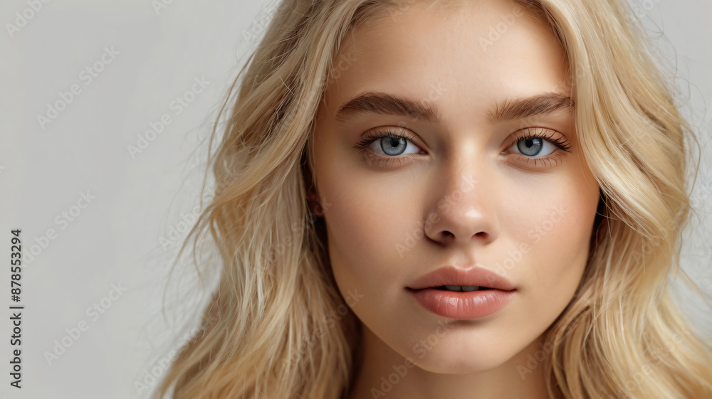 Close-up photo of beautiful blonde model with shiny perfect skin. Beauty makeup commercial cover Close-up photo of beautiful blonde model with shiny perfect skin. Beauty makeup commercial cover